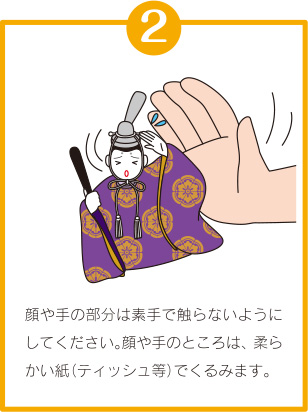ひな人形のしまい方②「顔や手の部分は素手で触らないようにしてください。顔や手のところは、柔らかい紙（ティッシュ等）でくるみます。」