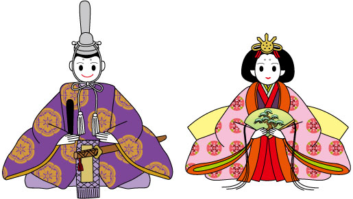 お内裏様とお雛様のイラスト。お内裏様の手には笏、腰には太刀が、お雛様の手には檜扇が飾られている。左に書かれている「持ち道具の付け方」に連動したイラストになっている。