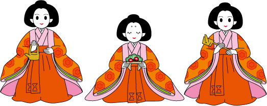 三人官女のイラスト。一番左には「加えの銚子」を持った官女のイラスト・真ん中の座った眉のない官女の両手に「島台」をはさみ込むように持たせたイラスト・一番右には「長柄銚子」を持った官女のイラストが描かれている。