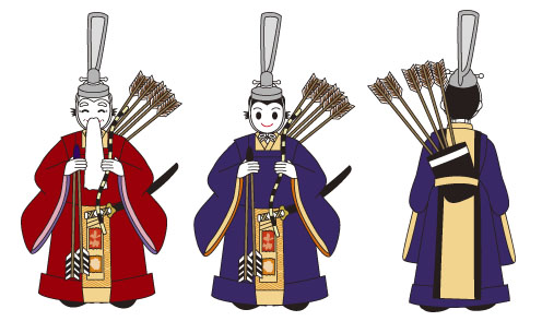 3人の随身のイラスト。一番左には自分の背中に背負った矢羽を抜き取ろうとしている随身のイラスト・真ん中には羽根の方を下にした持矢を右手に持った随身のイラスト・一番右には白くて長い髭をたくわえた随身のイラストが描かれている