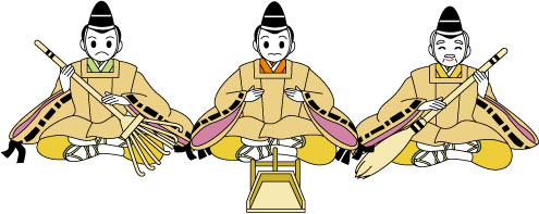 3人の仕丁のイラスト。一番左にはくま手を持った仕丁のイラスト・真ん中にはちりとりを前に置いた仕丁のイラスト・一番右にはほうきを持った仕丁のイラストが描かれている。